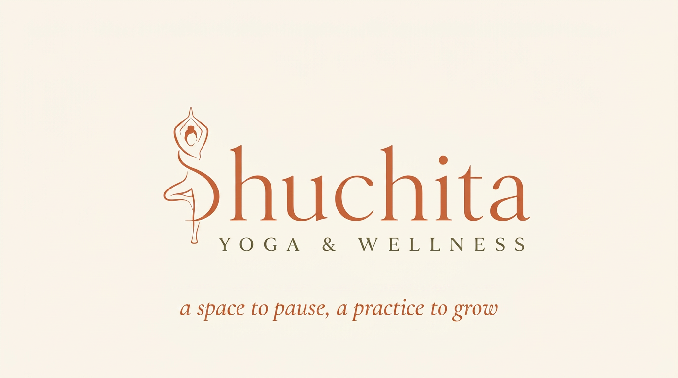 S-tree-pose mark with the Shuchita Yoga & Wellness wordmark and tagline on cream.